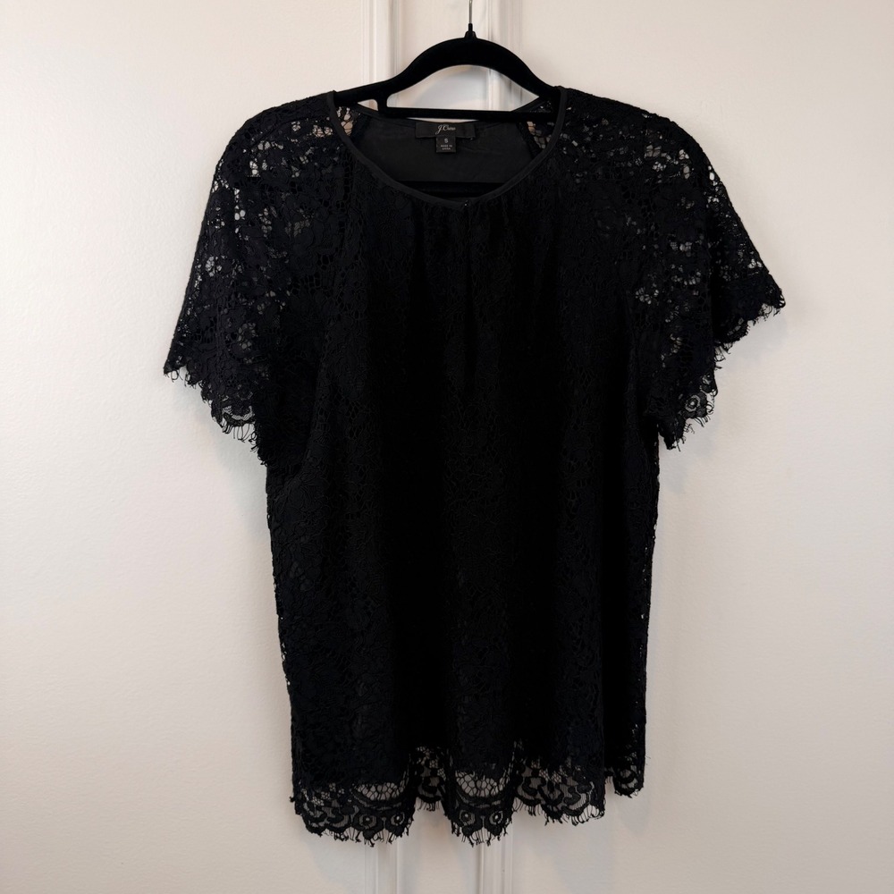 J. Crew Black Corded Floral Lace Short Sleeve Blouse Top Eyelash Trim Small